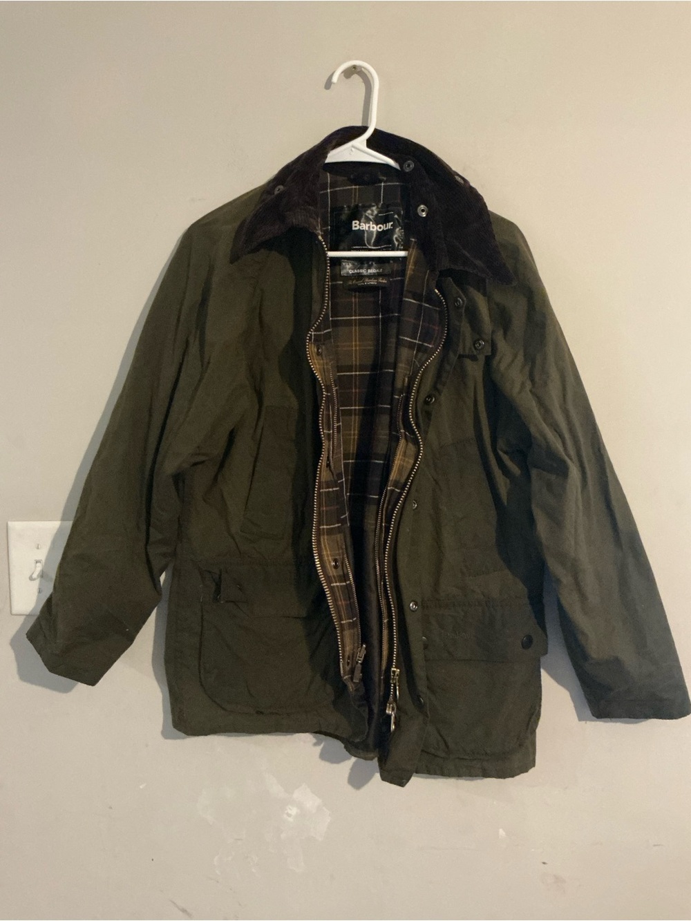 Barbour Olive Green Field Jacket with Dark Brown Cord Collar